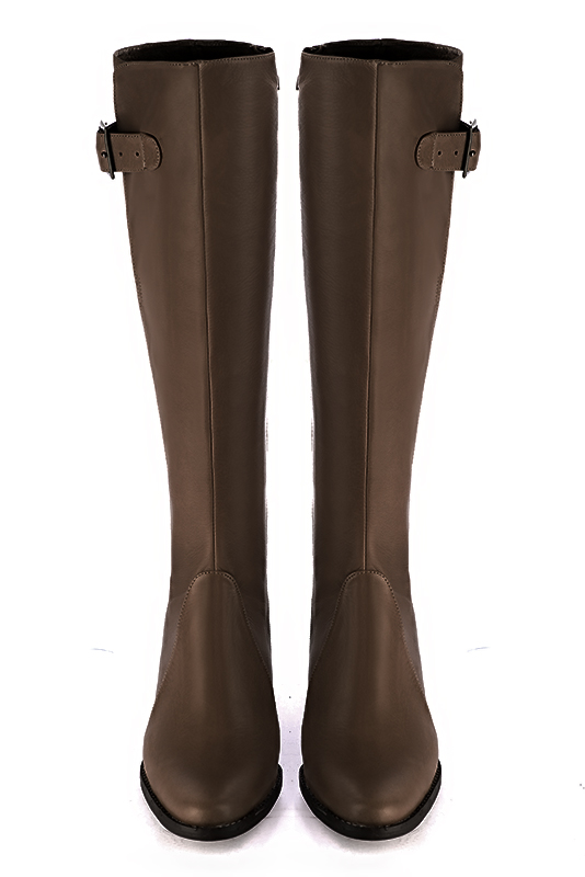 Dark brown women's knee-high boots with buckles. Round toe. Low leather soles. Made to measure. Top view - Florence KOOIJMAN